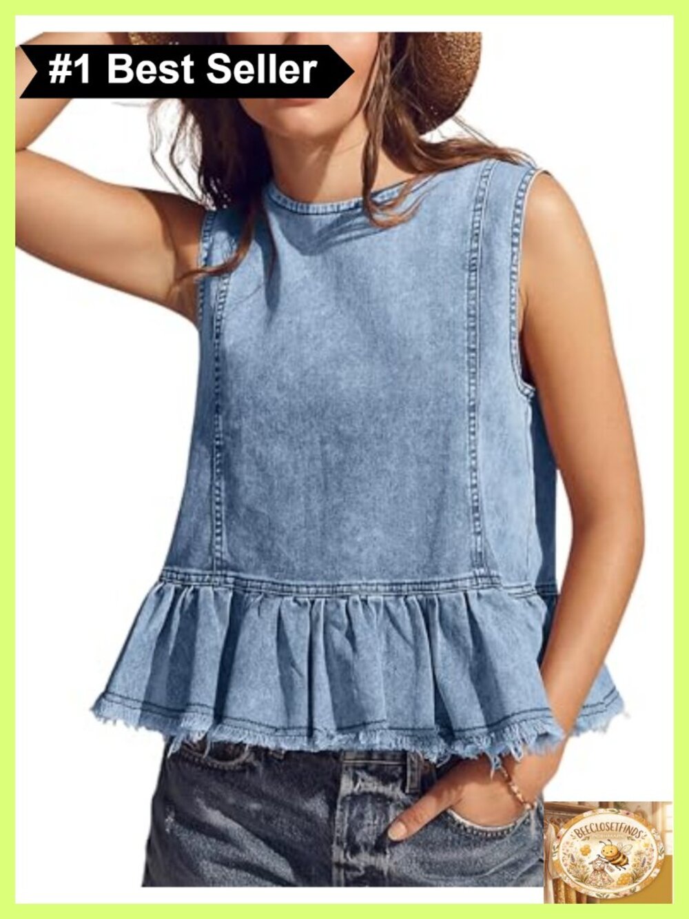 Womens Sleeveless Denim Vest Button Back Crew Neck Ruffle Hem Y2K Tank Top